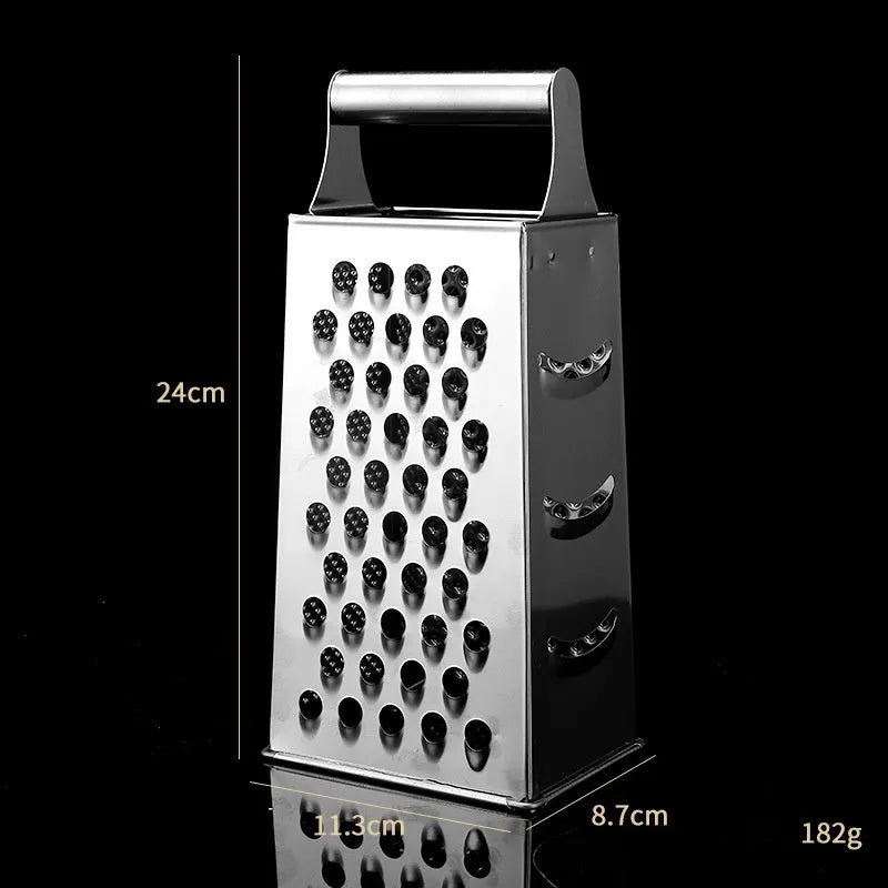 Multifunctional stainless steel vertical grater with cylindrical handle and flat handle options for kitchen use