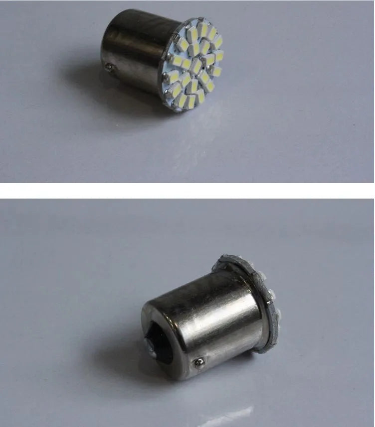 1156 1157 LED automotive brake light and turn signal bulb with 22 white LEDs.