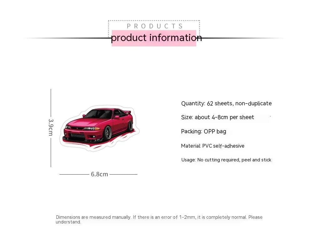 Pack of 60 sports car themed graffiti design vinyl stickers for personalisation.