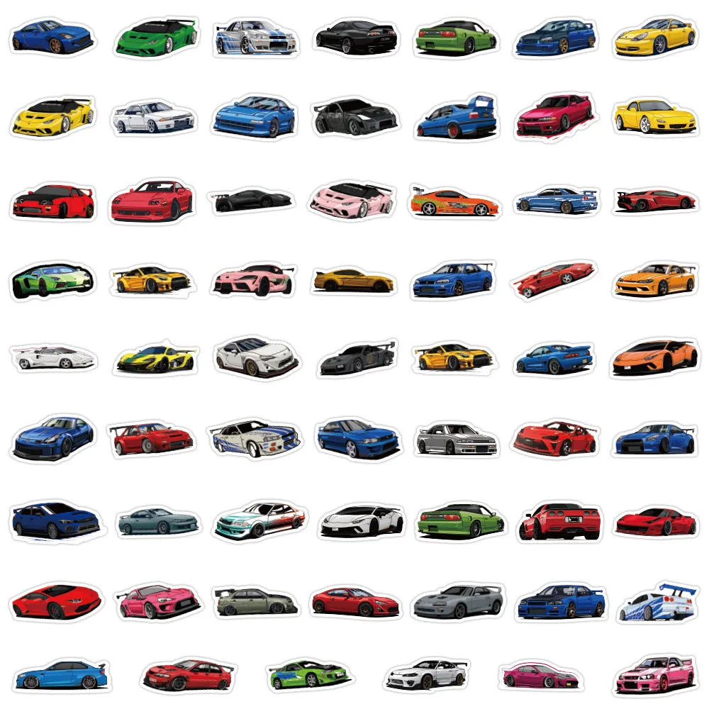Pack of 60 sports car themed graffiti design vinyl stickers for personalisation.