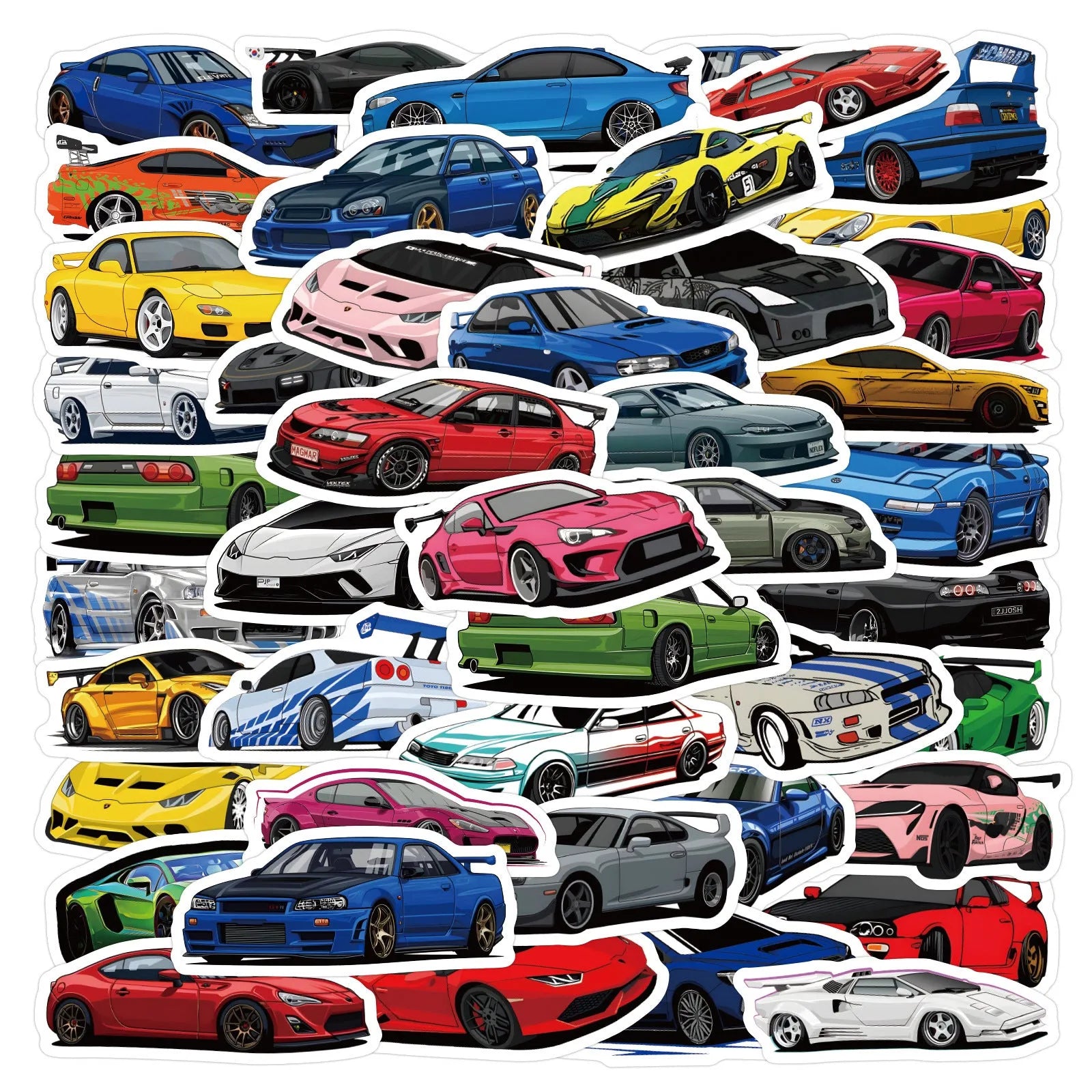 Pack of 60 sports car themed graffiti design vinyl stickers for personalisation.