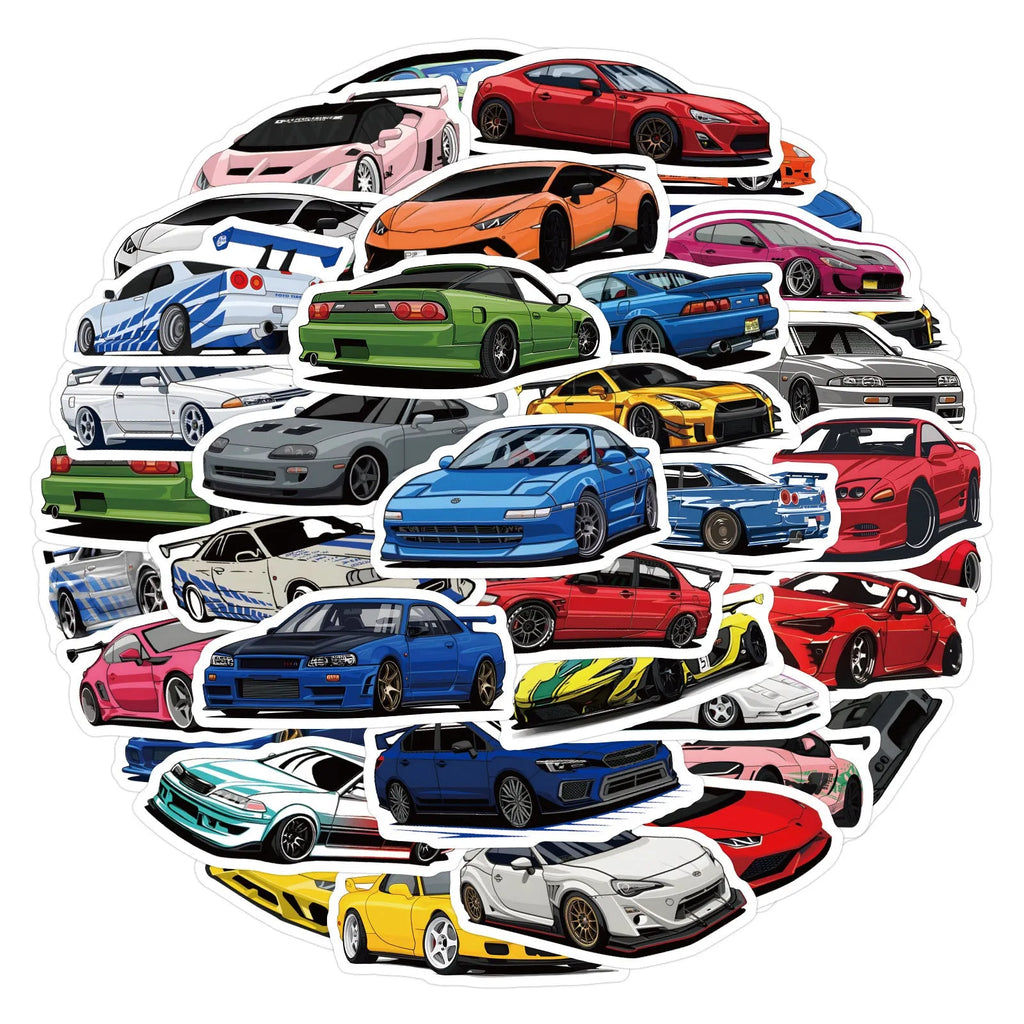 Pack of 60 sports car themed graffiti design vinyl stickers for personalisation.