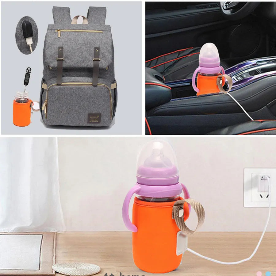 Long orange cotton USB baby bottle warmer wrapped around a milk bottle.
