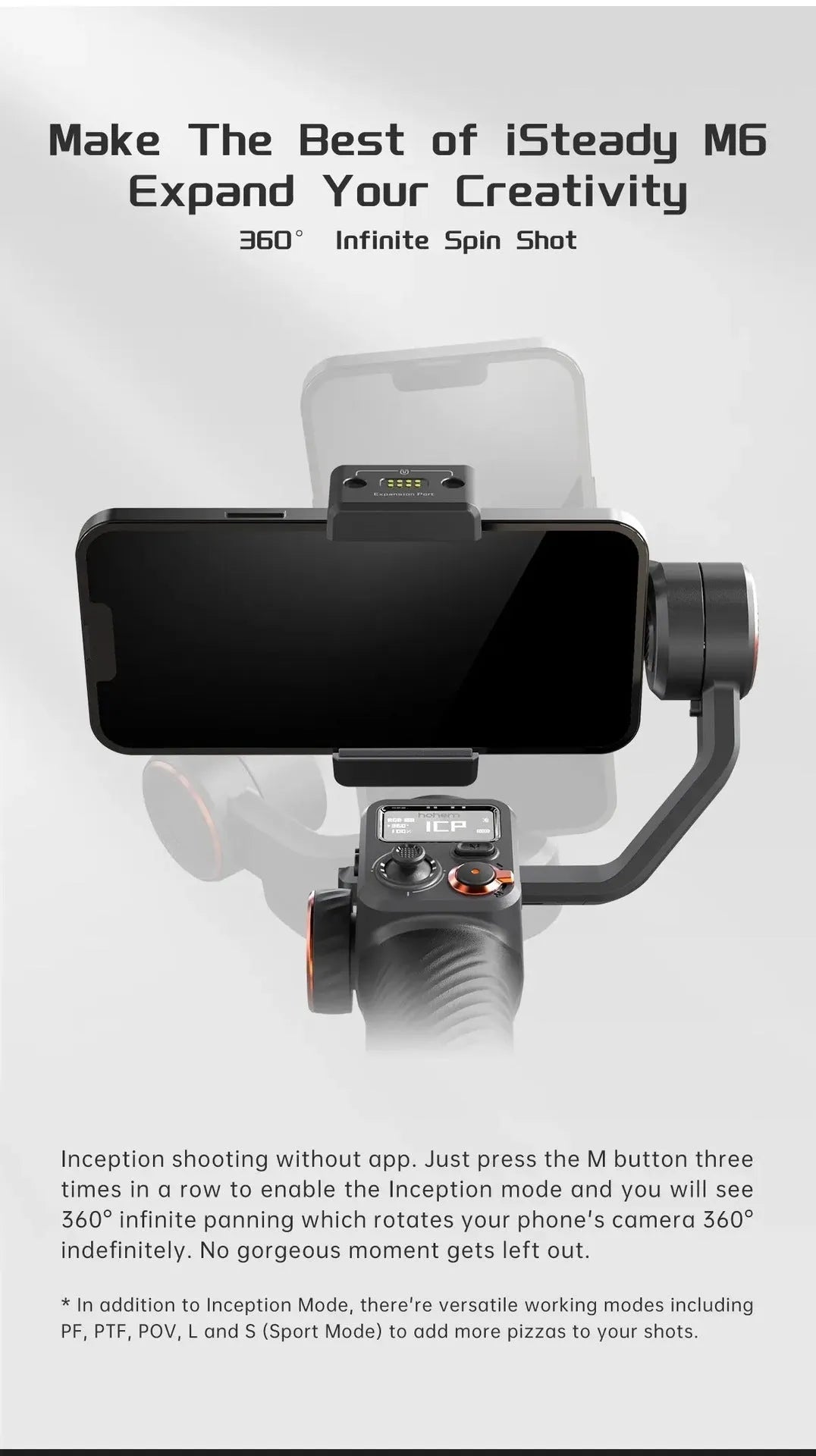 Black three-axis vlog stabiliser with AI face tracking and magnetic fill light for smartphones