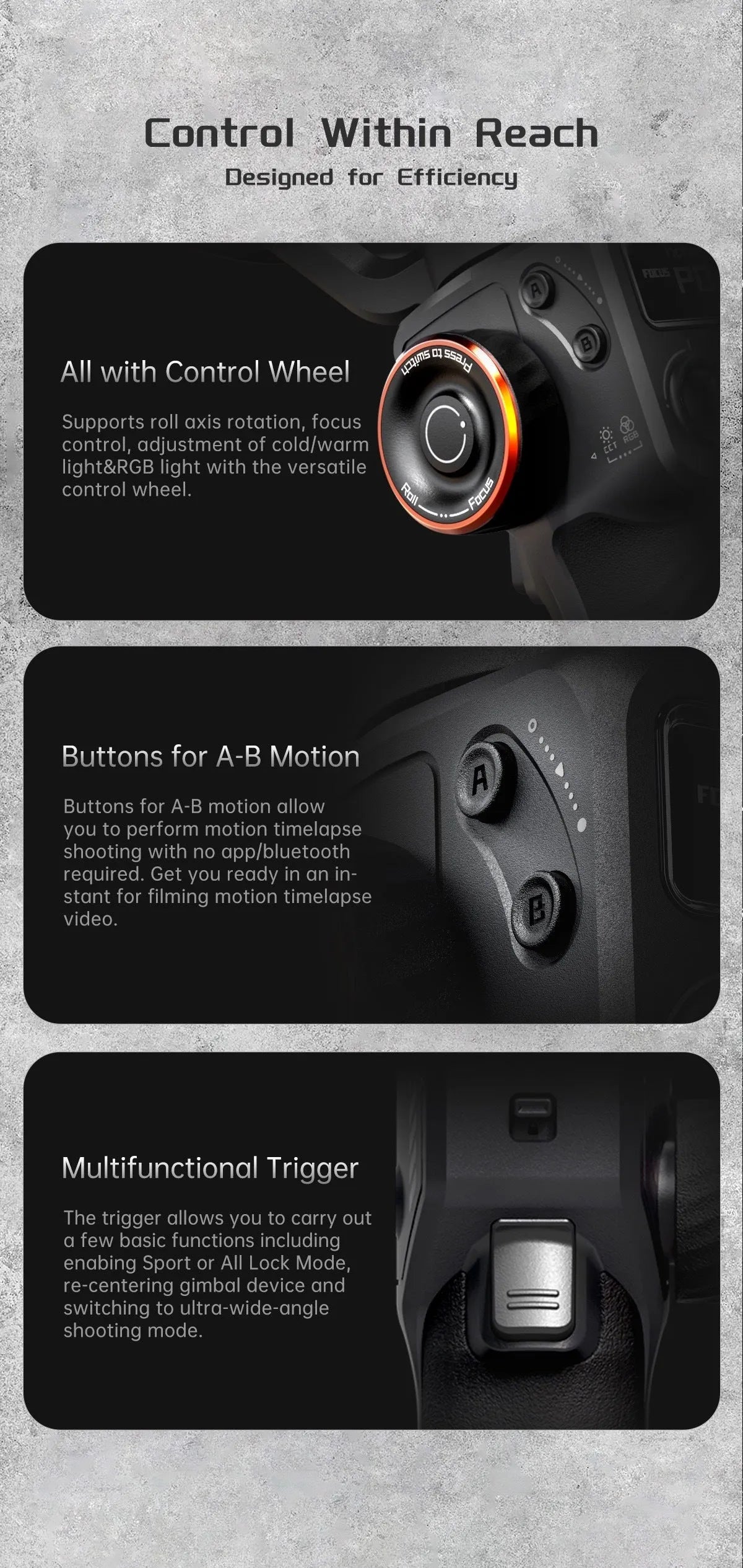 Black three-axis vlog stabiliser with AI face tracking and magnetic fill light for smartphones