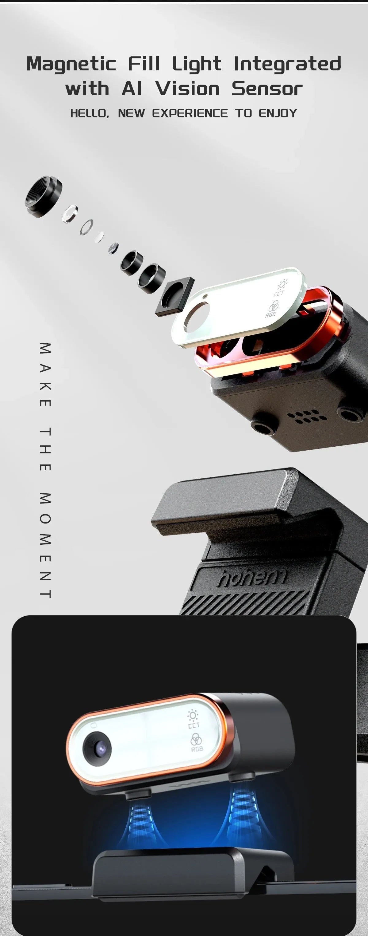 Black three-axis vlog stabiliser with AI face tracking and magnetic fill light for smartphones