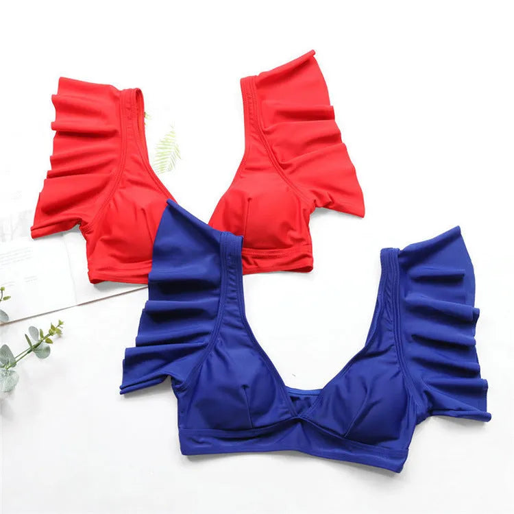 Women's polyester two-piece swimsuit in blue with bikini top and bottom