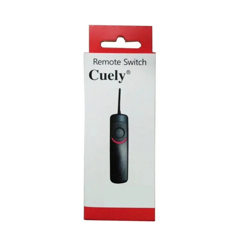 Black plastic wired cable release shutter remote for Canon EOS cameras on white background