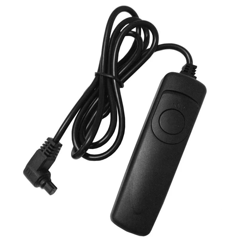 Black plastic wired cable release shutter remote for Canon EOS cameras on white background