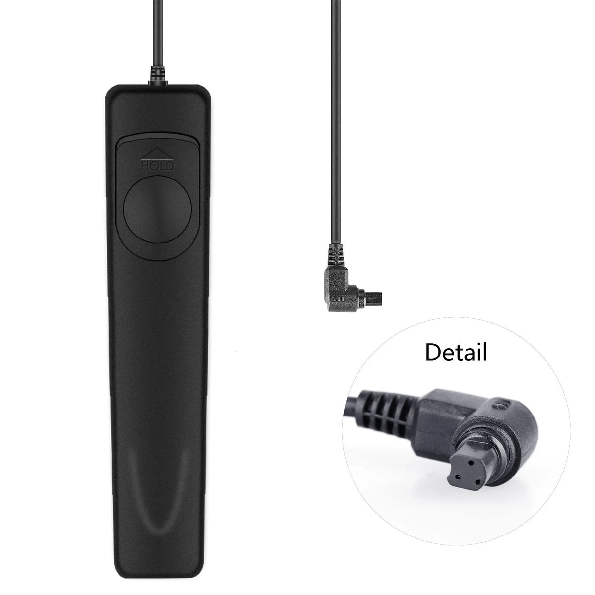 Black plastic wired cable release shutter remote for Canon EOS cameras on white background