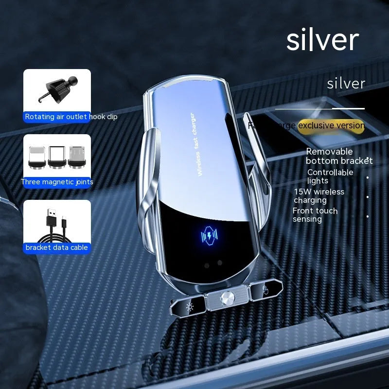 Car wireless charger phone bracket for air outlet mount 15W electric clamping black silver