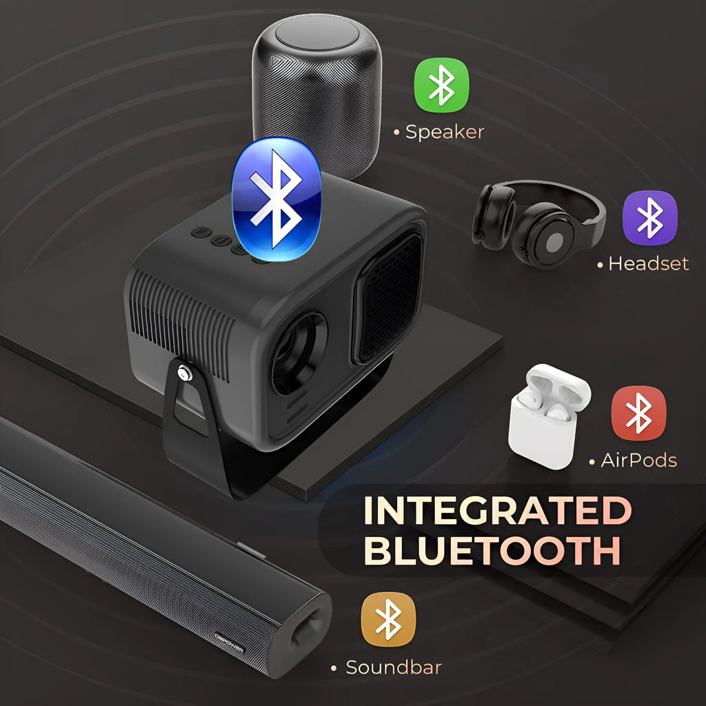 Black portable HD projector with Android system, remote control, and universal power cables