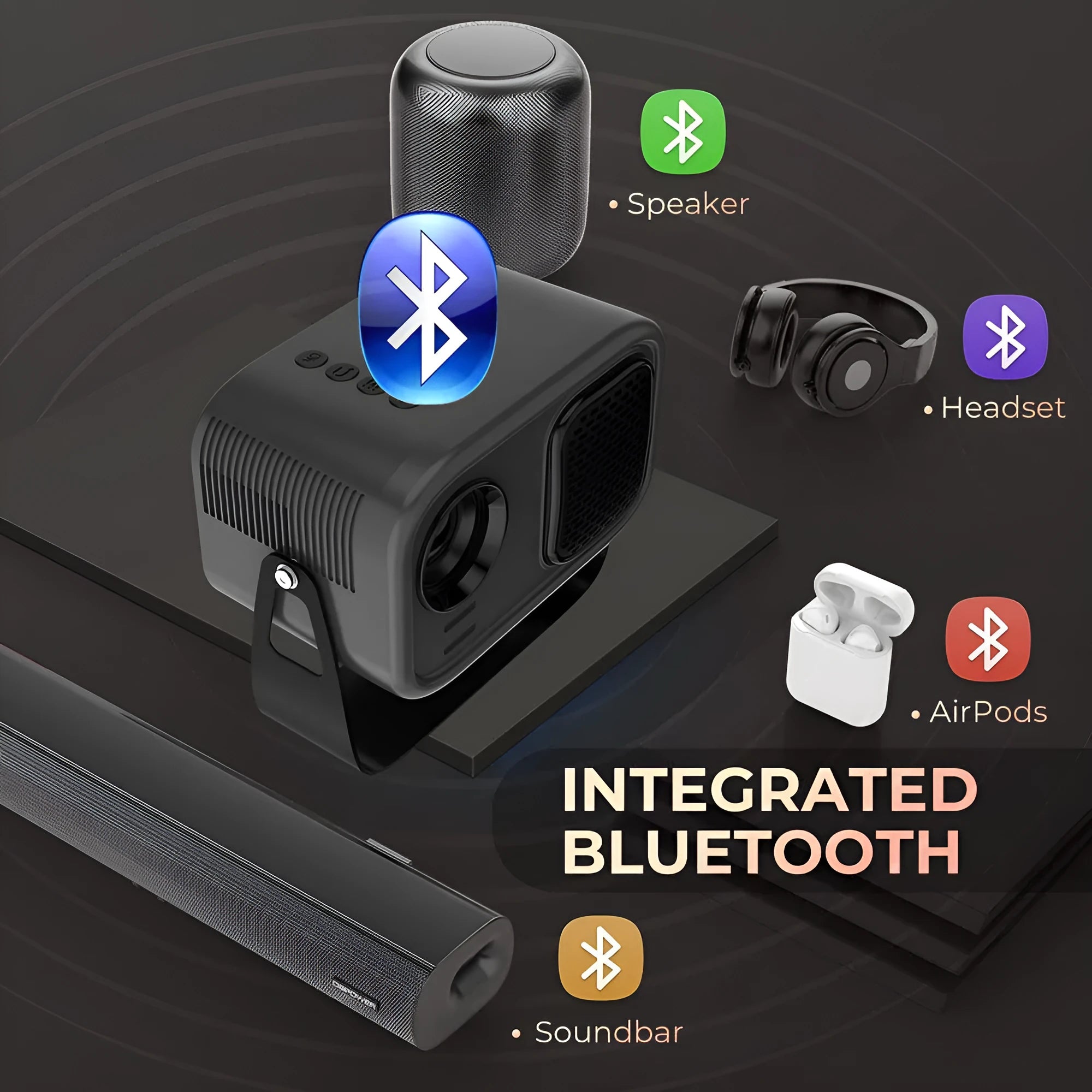 Black portable HD projector with Android system, remote control, and universal power cables