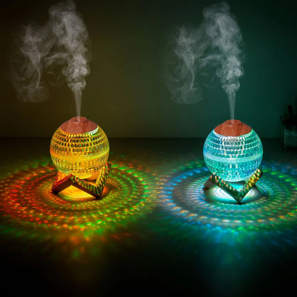 Crystal ball humidifier round 116 mm USB with atmosphere sea light on a desk