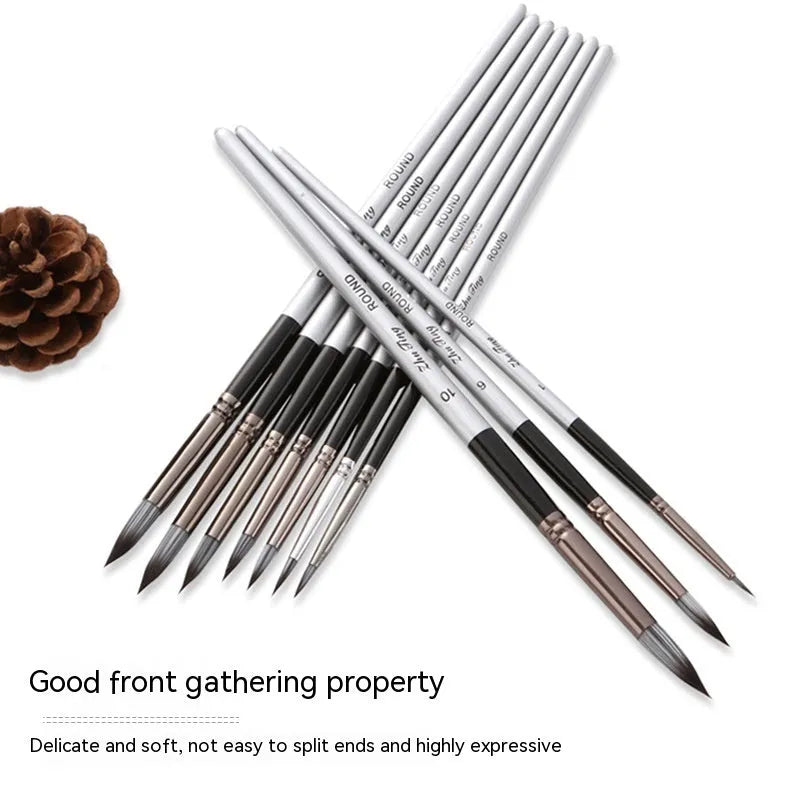 Ten black stick nylon paintbrushes with round tips, silver gray rods, and wood handles laid out