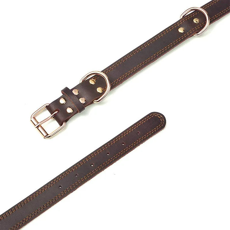 Black cowhide dog collar with metal buckle, size M suitable for medium dogs