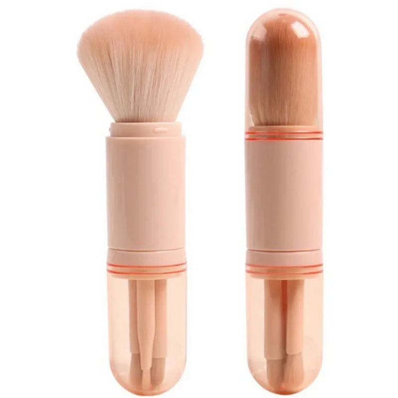 Single 4-in-1 retractable makeup brush set with man-made fibre bristles and plastic handle, 14cm total length