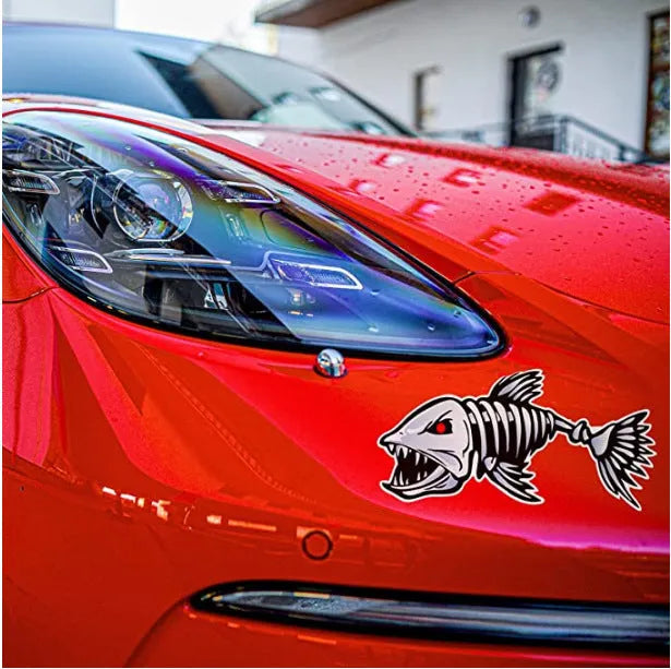 Horror skeleton shark reflective bumper stickers in fish bone hanger design