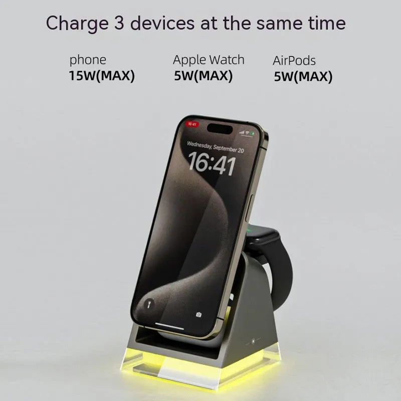 Black three-in-one magnetic wireless charger with small night lamp and Type-C cable for phone watch headset