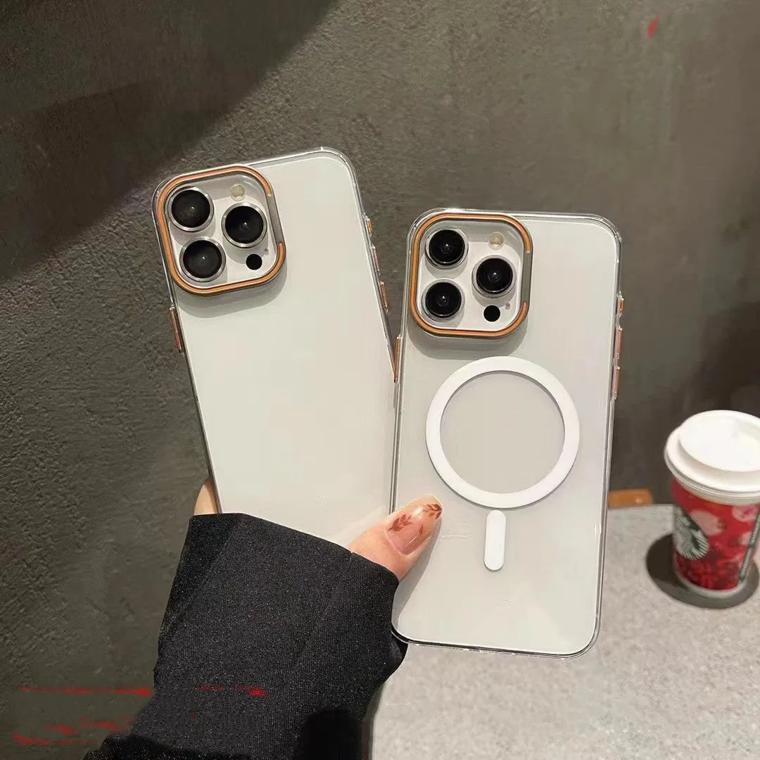 Transparent magnetic bracket phone case for iPhone 14 and 15 series with aluminium alloy frame