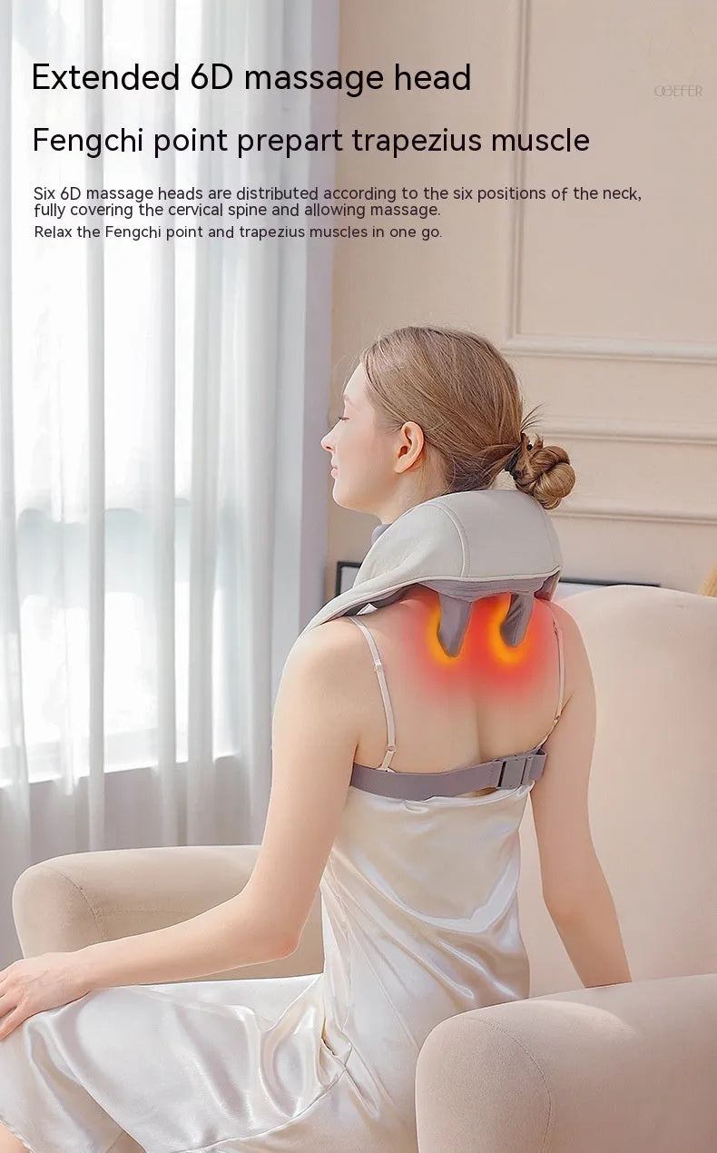 Milky white rechargeable shoulder and neck cervical massager with USB cable.