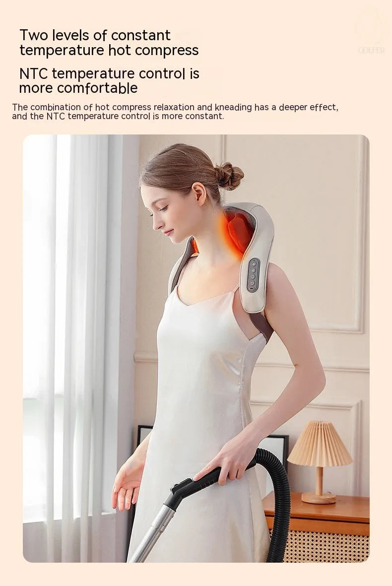Milky white rechargeable shoulder and neck cervical massager with USB cable.