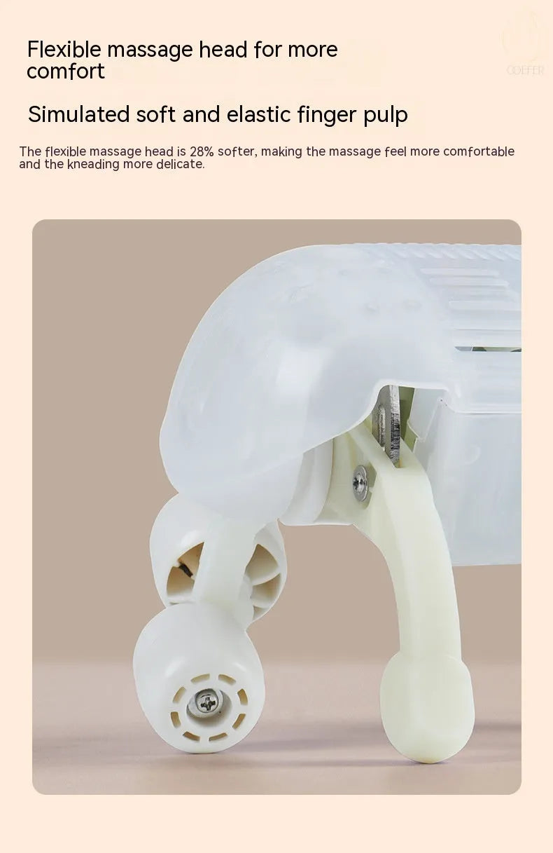 Milky white rechargeable shoulder and neck cervical massager with USB cable.
