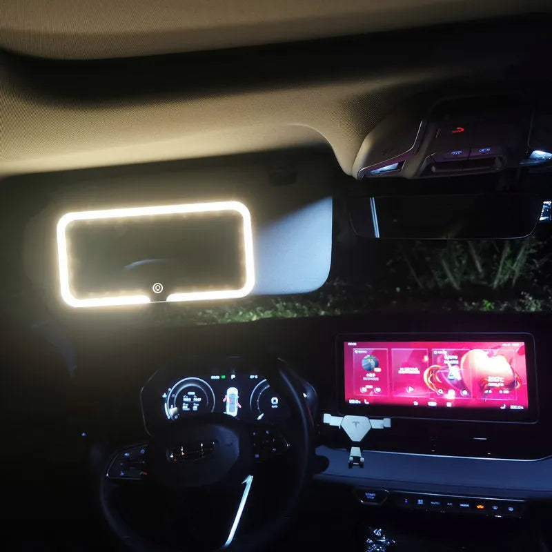 White car sun visor with integrated LED make-up mirror, ABS frame, aluminium lens, 24.2x12x1.5 cm dimensions