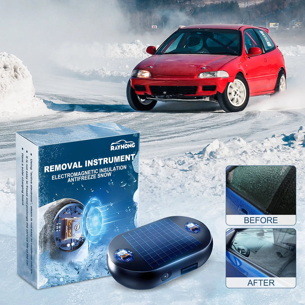 Compact car windshield anti-freezing tool measuring 5x2.6x1.5cm with peel-and-stick mounting