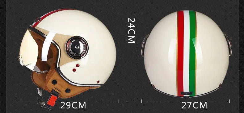 Scrambling motorcycle half helmet in white red green colours showing ABS plastic construction