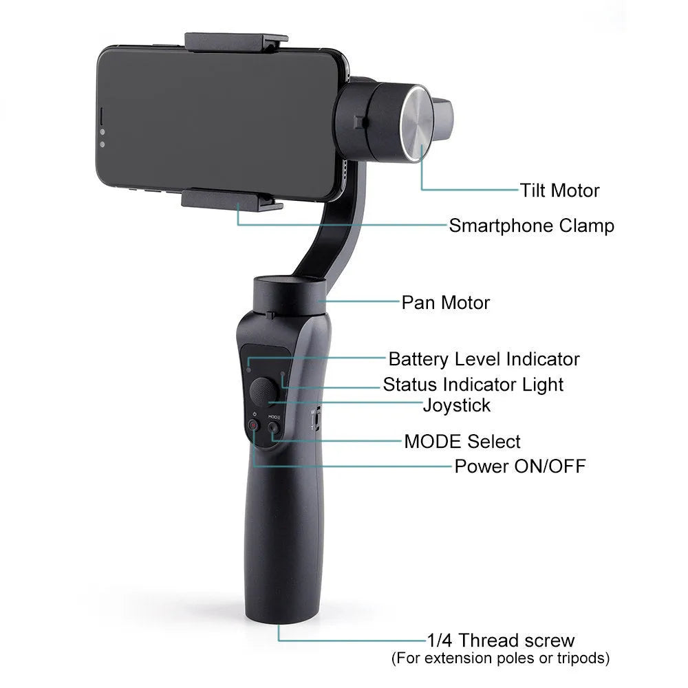 Black 3-axis handheld smartphone gimbal stabiliser on a table