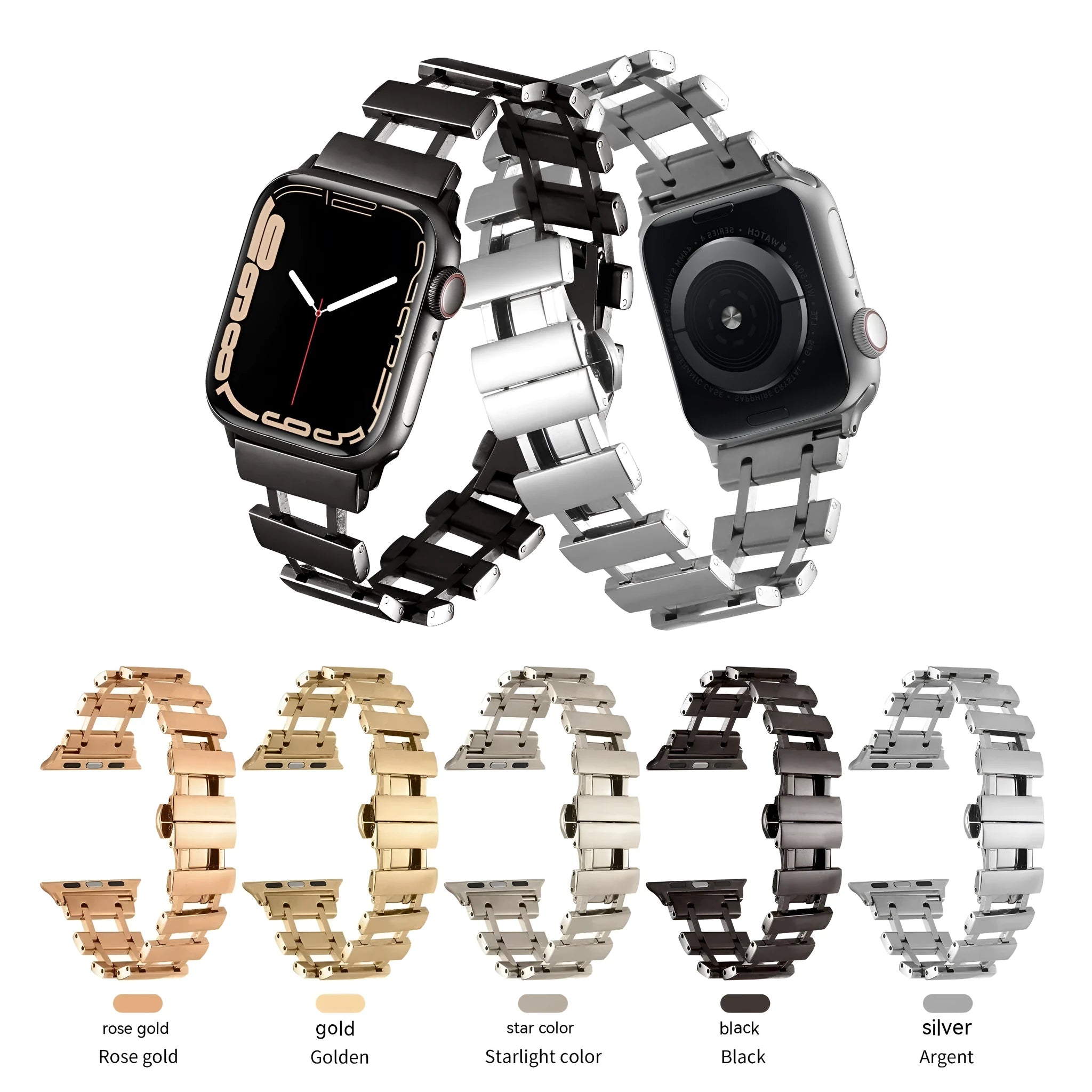 Metal replacement wristband for Apple Watch with butterfly clasp, available in five colours: Gold, Black, Silver, Rose Gold, Starlight