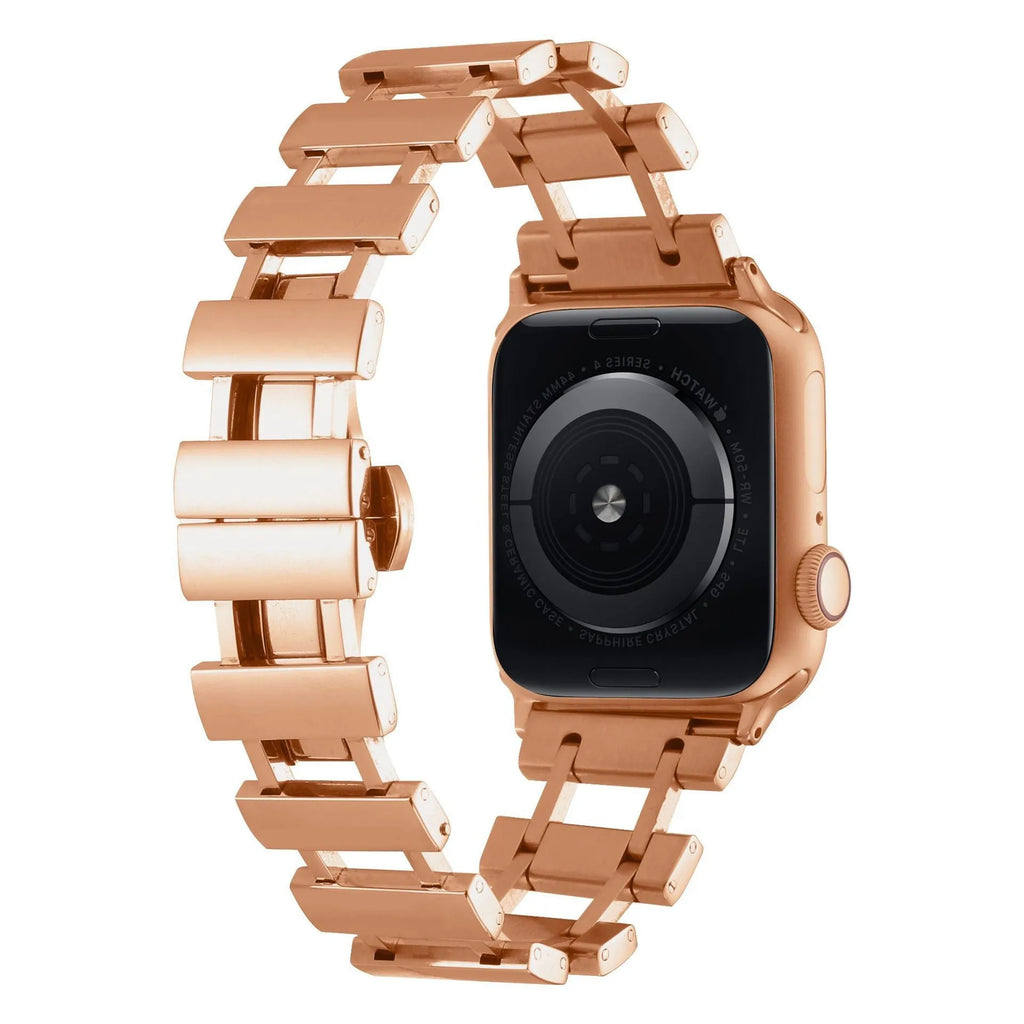 Metal replacement wristband for Apple Watch with butterfly clasp, available in five colours: Gold, Black, Silver, Rose Gold, Starlight