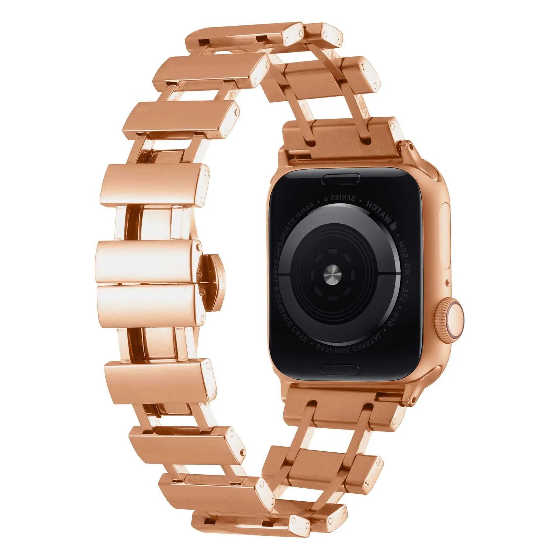 Metal replacement wristband for Apple Watch with butterfly clasp, available in five colours: Gold, Black, Silver, Rose Gold, Starlight
