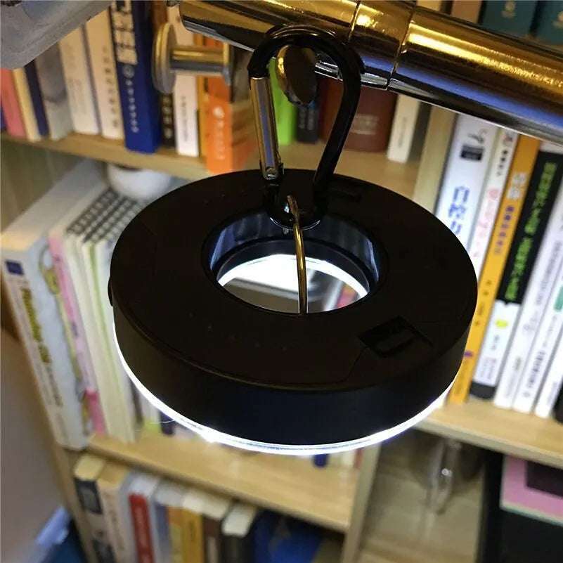COB LED tent light with carabiner, ABS plastic shell, floodlight beam over 3 metres, primary colour