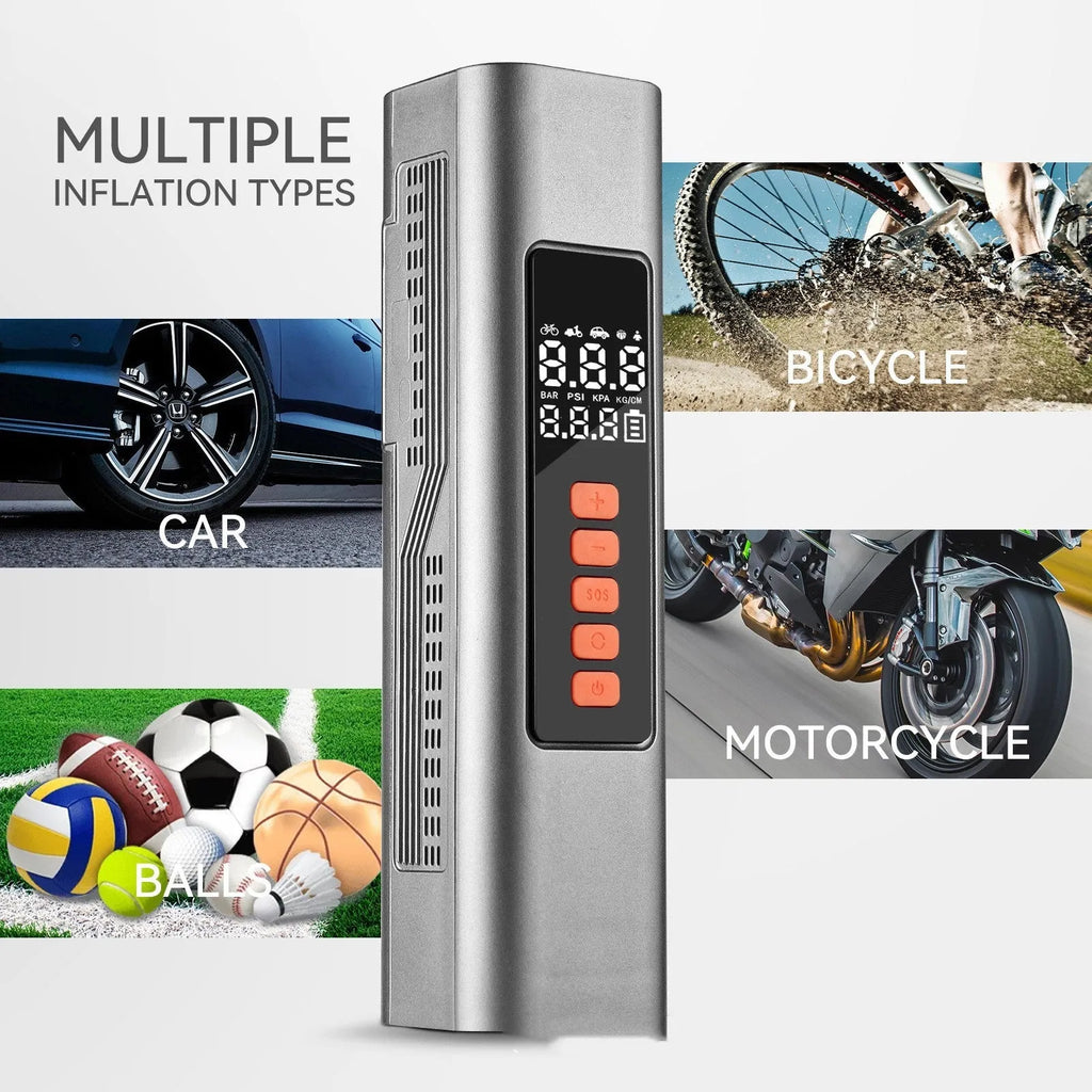 Compact wireless digital tyre pressure inflator with display showing pressure units