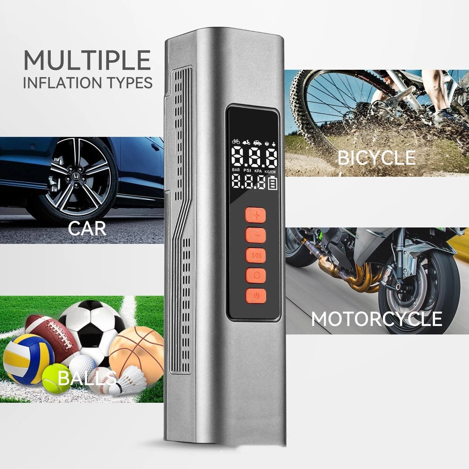 Compact wireless digital tyre pressure inflator with display showing pressure units
