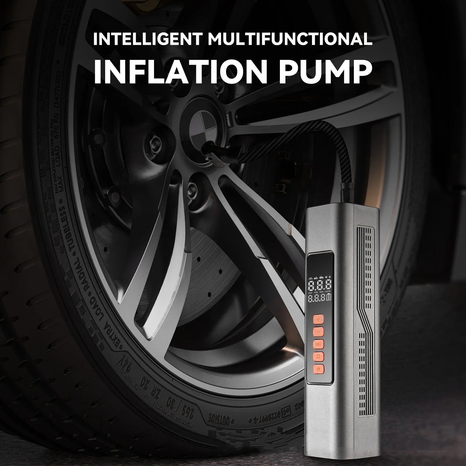Compact wireless digital tyre pressure inflator with display showing pressure units