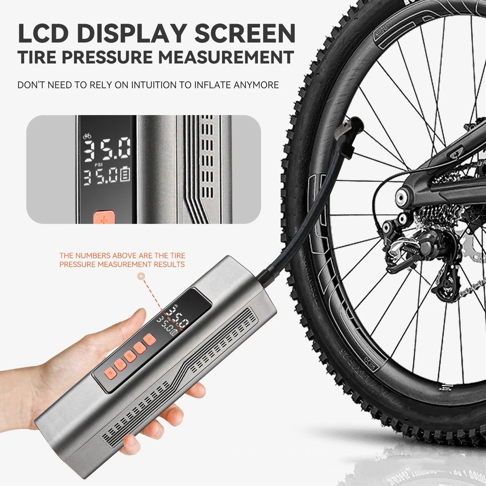 Compact wireless digital tyre pressure inflator with display showing pressure units