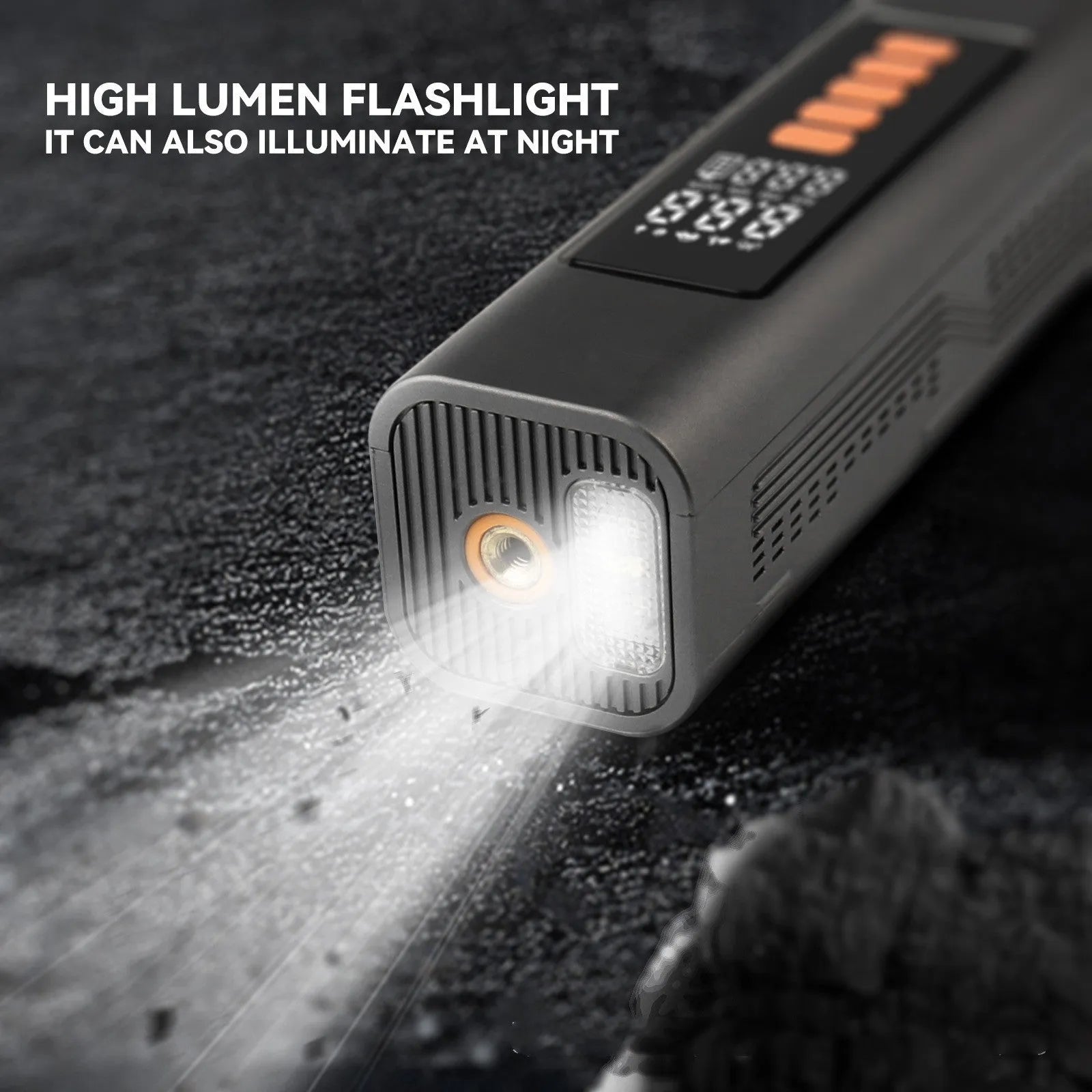 Compact wireless digital tyre pressure inflator with display showing pressure units