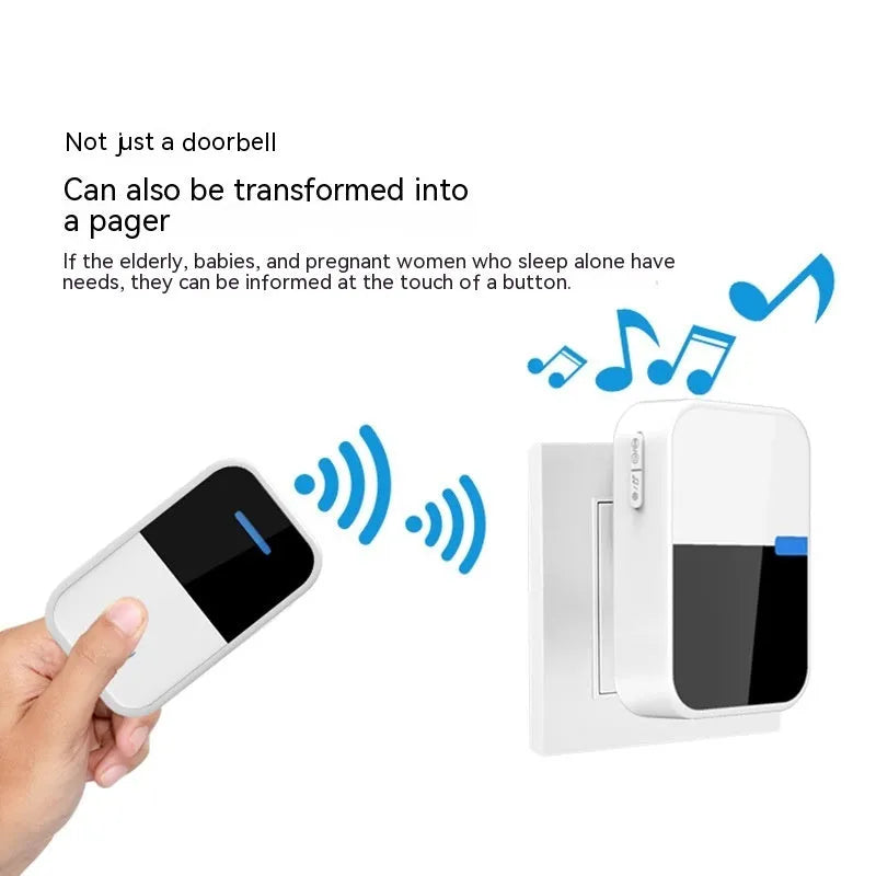 White wireless doorbell receiver and transmitter with modern design on a wooden table.