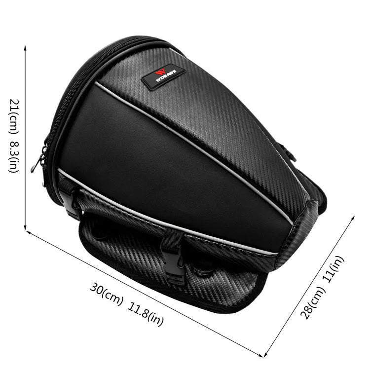 Black motorcycle seat bag with reflective strips, shown with carrying strap.
