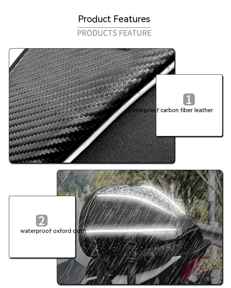 Black motorcycle seat bag with reflective strips, shown with carrying strap.