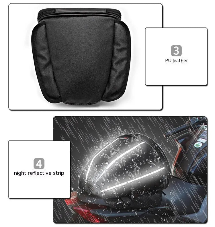 Black motorcycle seat bag with reflective strips, shown with carrying strap.