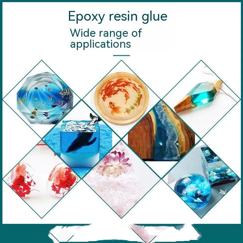 1kg bottle of clear epoxy resin glue and a smaller bottle of crystal drops for DIY crafts.