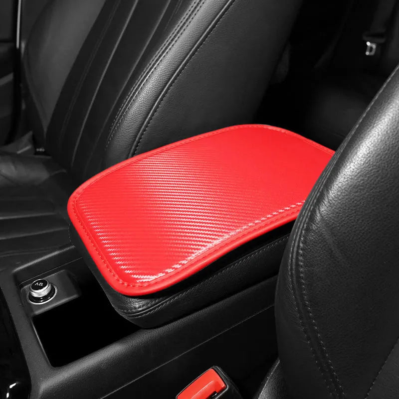 Leather carbon fibre pattern armrest mat for car centre console measuring 29 by 19 centimetres