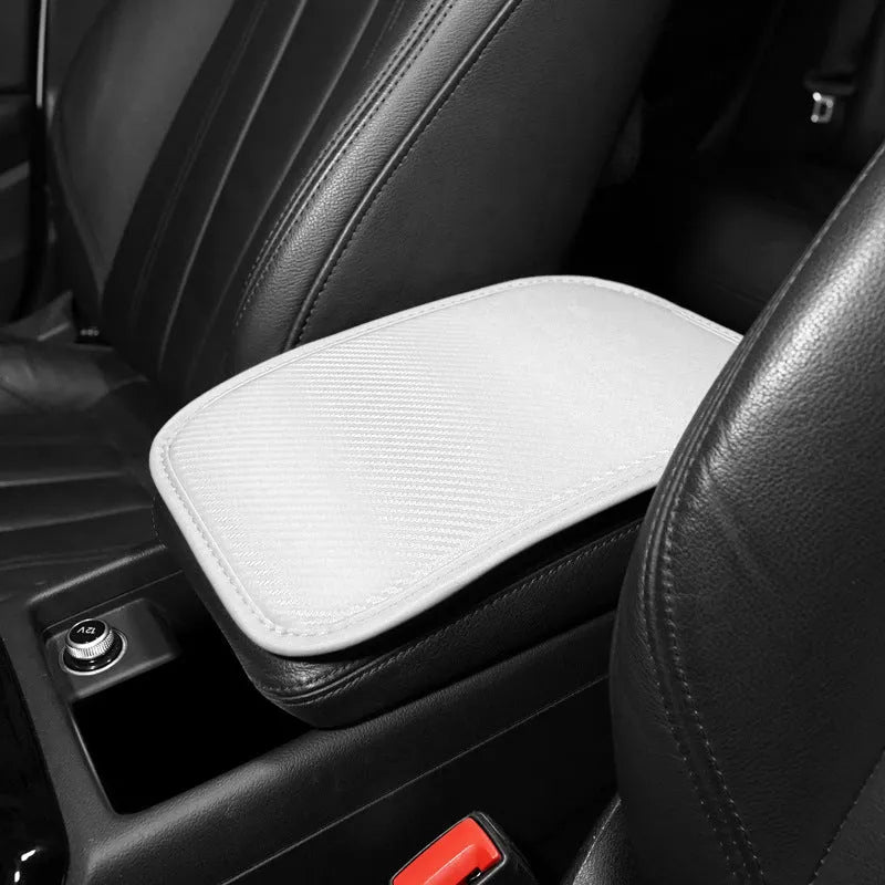 Leather carbon fibre pattern armrest mat for car centre console measuring 29 by 19 centimetres