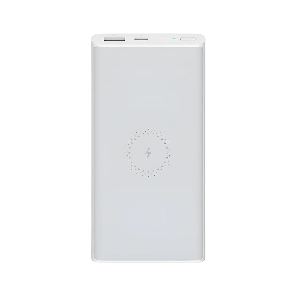 White and black 10000mAh power bank with USB-C port and wireless charging capability