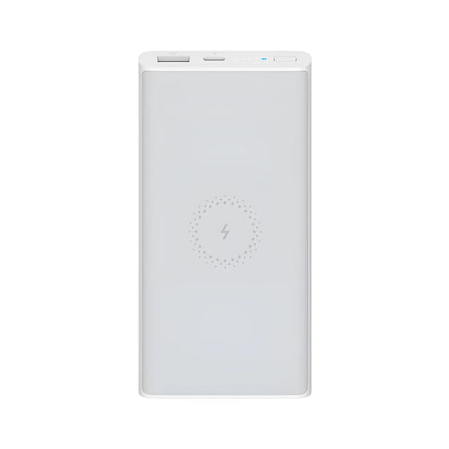White and black 10000mAh power bank with USB-C port and wireless charging capability