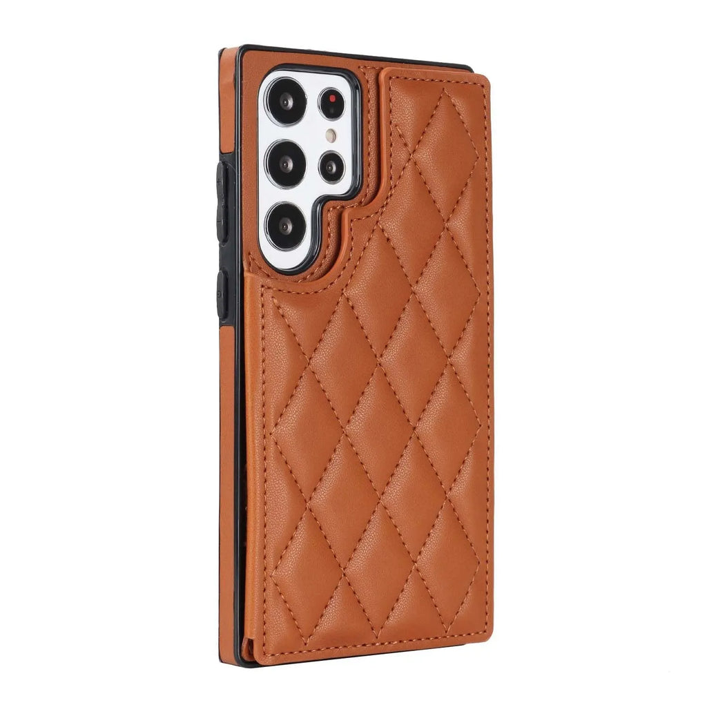 Samsung plaid double buckle phone case with card slot and kickstand in black, showing manual stitching veneer